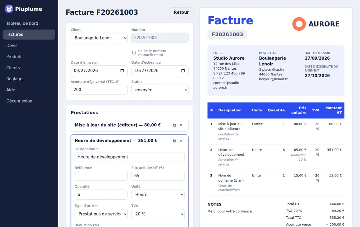 Éditeur de facture Pluplume avec aperçu en direct