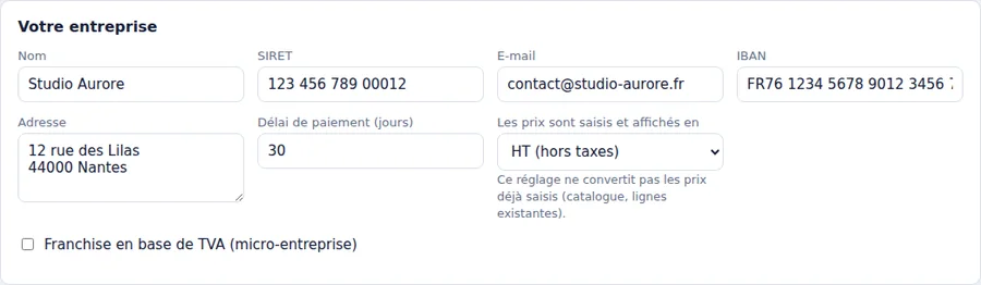 Réglages de l’entreprise